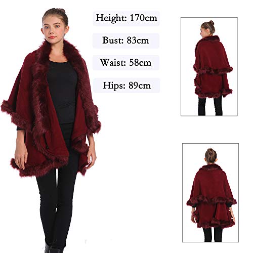ZLYC Women Fine Knit Open Front Faux Fur Trim Layers Poncho Cape Cardigan Sweater (Dark Red)