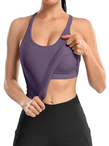 Image of ATTRACO Ribflex Ribbed Workout Crop Tops with Built in Bra for Women Yoga Racerback Tank Top Slim Fit