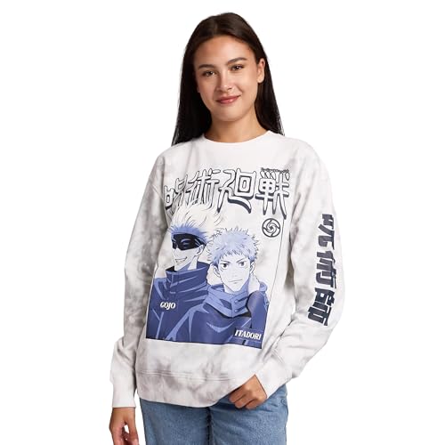 Bioworld Jujutsu Kaisen Gojo & Itadori Kanji Women's White Cloud Wash Crew Neck Long Sleeve Fleece Sweatshirt -Medium