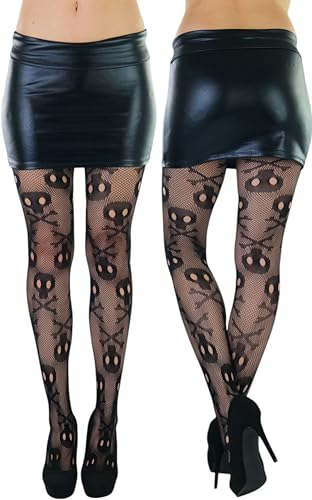ToBeInStyle Women's Spooky Skull Crossbones Halloween Fishnet Pantyhose Pirate Tights2