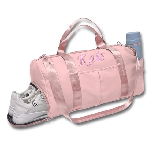 Sac de Sport Personnalisé Caixiabeauty avec Nom Brodé - Danse, Bagages, Equitation, Grande Capacité, Gym Piscine Étanche, Week-End (Pink)