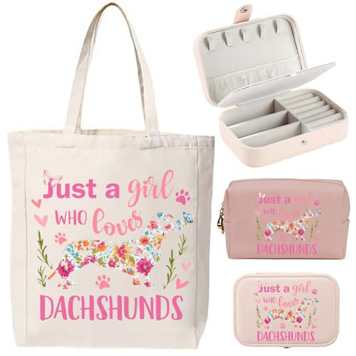 3-In-1 Just A Girl Who Love Dachshunds Canvas Tote Bag Grocery Reusable Handbags Jewelry Box and Makeup Bag Set