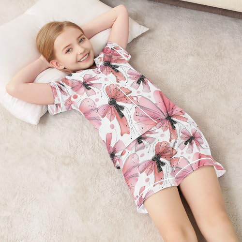Satin Pajama Sets Short Sleeve Pink Butterflies Bows Kawaii Button Down Silky Nightwear 2 Piece PJS 5-14Y 7
