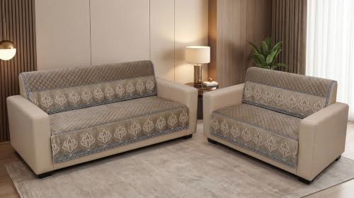 Image of KINGLY Sofa Cover 5 Seater 3+2 Velvet Full Cover - Italian Mousse | Fully covered quilted velvet slipcover, washable anti-slip thick furniture protector for 3+2 living room sofa