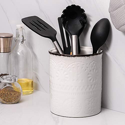 Dowan Kitchen Utensil Holder, 7.2” Extra Large Farmhouse Utensil Holders For Countertop, Heavy Ceramic Utensil Crock, Anti Slip & Scratch Cork Bottom, Utensil Organizer For Home Décor, Off White #TOP6