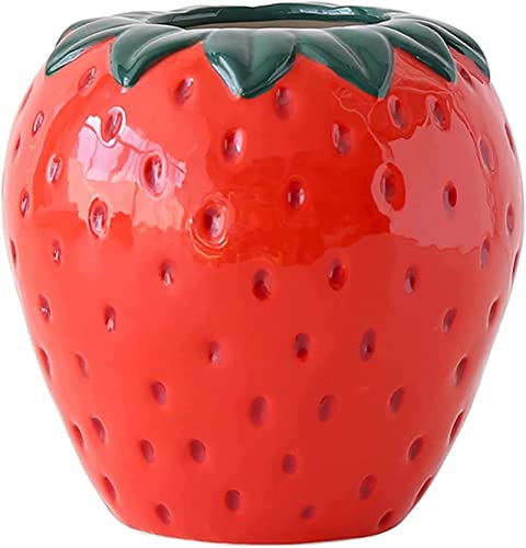 BxuxJar Strawberry Ceramic Vase Creative Red Ceramic Strawberry Planter Unique Flower Vase for Living Room Bathroom Kitchen Storage Decorative Ceramic Pots