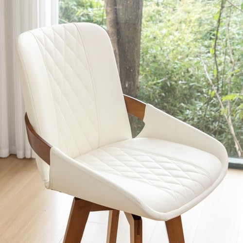 Image of Bar Stools Set of 2, 29.5 Inch Mid Century Modern Swivel Bar Stools, Furniture with Curved Back, Faux Leather Upholstered and Walnut Wood Frame for Bar /Pub /Island (White, 29.5 inch-2 PCS)