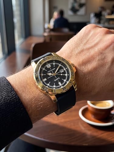 Image of AMERICANVIBER Analog Men's Watch with Date Function | 4D Glass | Stylish Golden Dial | Formal & Smooth | Black Silicone Adjustable Strap