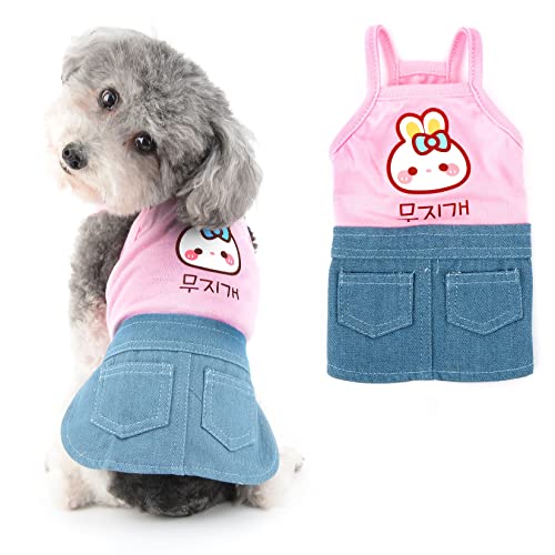 Ranphy Dog Denim Dress for Small Dogs Girl Cute Pet Clothes with Double Pockets Cartoon Bunny Print Puppy Spring Summer Sling Cats Skirt, Pink, M