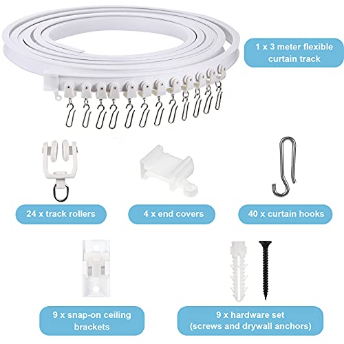 Image of Jetec Flexible Bendable Ceiling Curtain Track, 9.8ft /16.4ft(5m), Ceiling Mount for Curtain Rail with Track, Room Divider(3 m,White)