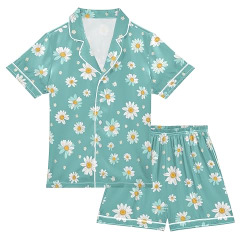 Small White Daisies Summer Satin Pajama Set, Cute Button-Down Sleepwear Pj Set for Sleep Wears