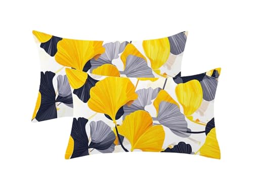 Funda Cojin 70x90 Juego de 2, Amarillo Fundas Cojines Hoja Patrón con Cremallera Invisible Diseño, Rectángulo Lino Cushion Covers para Home Room Sala Salon Sofá Cama Decor, Regalo Mujer,Model194