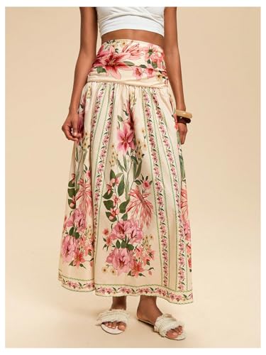 MakeMeChic Women's Floral Maxi Skirt High Waist Ruched Ruffle Shirred Flare Boho Skirts4