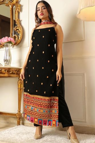 Image of Fashion Basket Georgette Embroidered Black Kurta Set for Women