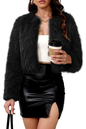 ELLEVEN Faux Fur Coat for Women Cropped Long Sleeve Fluffy Shaggy