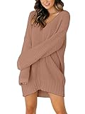  Yesgirl Femme Elégant Sweater Robe Pull Tricoté Col V Manche Longue Loose Solide Tunique Oversize Tricot Chemisier Mode Automne Hiver Kaki 48