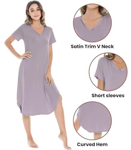 Image of NACHILA Nightgowns for Women-Viscose Made from Bamboo, V Neck Sleepshirts Short Sleeve Sleepwear Cool Nightshirt