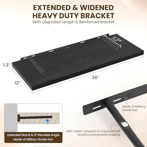 Image of Dreamland 36 inch Floating Shelves for Wall, 12 inch Deep Slim Black Floating Shelves, Wall-Mounted Shelves for Bedroom, Living Room, Kitchen, Bathroom - Set of 2