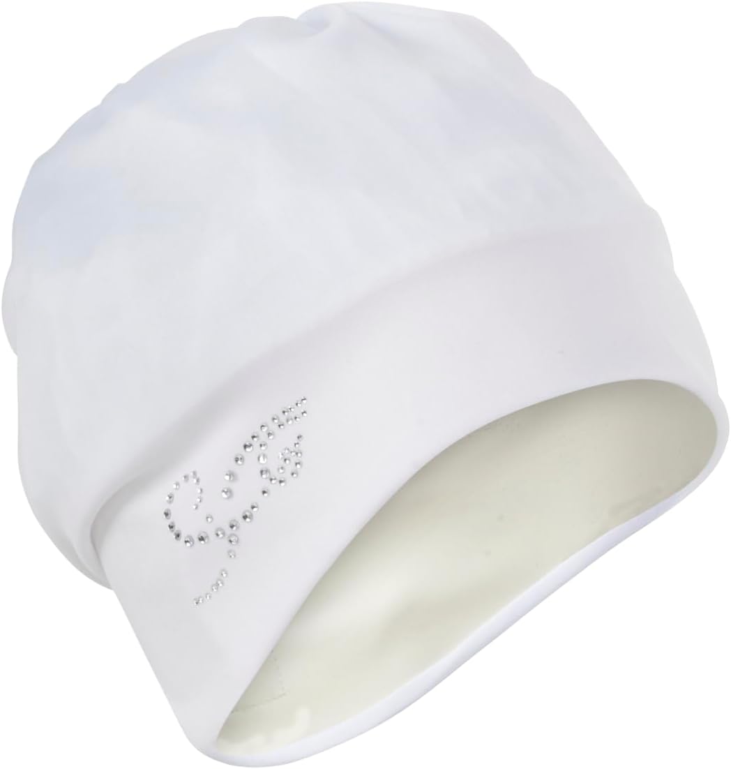 Fashy Exclusive Fabric Swimming Cap with Rhinestones, White, Adjustable Velcro Fastening, Foil Inner Hood