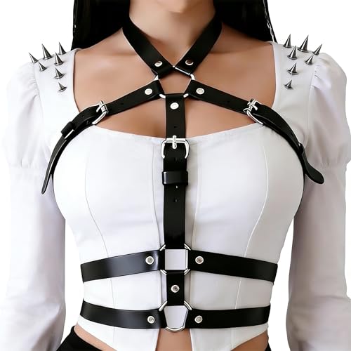 Women‘s Punk Gothic Leather Chest Harness–Adjustable Black Body Chain Belt,Body Harness Belt Lingerie Decorative Strap,Caged Bra Top.for Rave,Club Party&Valentine's Festival Costume Accessories Gift.