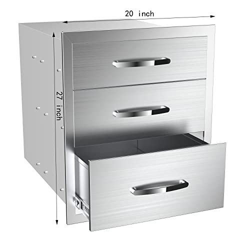 Image of 20''W x 27''H x 23''D Outdoor Kitchen Triple Access Drawers Stainless Steel, Flush Mount BBQ with Handles BBQ Island for Outdoor Kitchens or Patio Grill Station