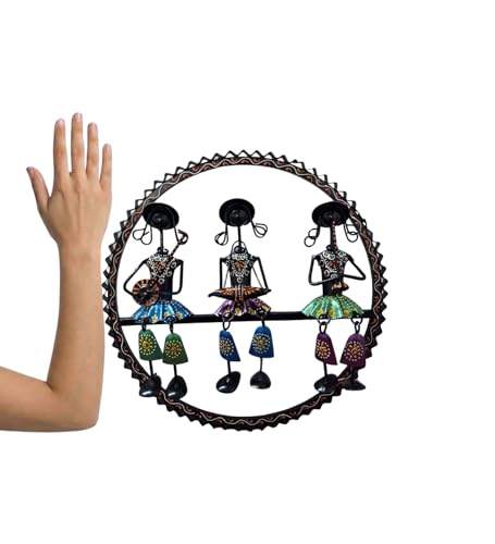 Image of Handcrafted Metal Musician Dolls Wall Hangings | Traditional Tribal Musician Sculpture | Decorative Wall Art for Living Room, Office, Music Room | Home Decor (Round Doll Design)