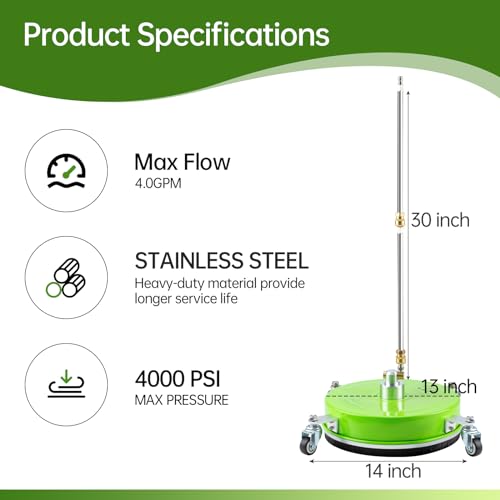 14" Pressure Washer Surface Cleaner with 4 Wheels, Stainless Steel Surface Cleaner for Pressure Wahser, Power Washer Surface Cleaner for Concrete, Patio, Sidewalk, Deck and Driveways-Green - Thumbnail 6