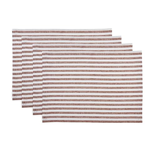 Image of Solino Home 100% Linen Placemats, 14 x 19 in, Cinnamon Striped, Set of 4 | Amalfi Stripe, protect and style the table setting, woven stripe, European flax fibres, low iron finish, OEKO-TEX Certified