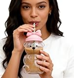 Glass Bear Cup, Bear Straw Cup, Borosilicate Glass Cups with Lids and Straws, 20 oz Cute Mugs Cocktail Drinks Glassware for Christmas Gift, for Smoothies, Pearl Milk Tea & Iced Coffee (Pink Bow Tie A)