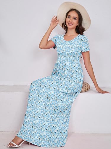 Image of DEARCASE Maxi Dress for Women Short Sleeve Casual Summer Loose Plain Comfy Long Dresses with Pockets