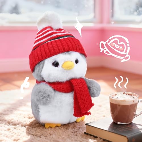 Image of Penguin Stuffed Animal, Penguin Plush with Red Knit Hat Scarf for Girls Lovers Kids Boys Adults, Soft Cute Stable Weighted Plush Toy Gifts for Christmas Winter Decor Birthday Valentine Holiday 10 Inch