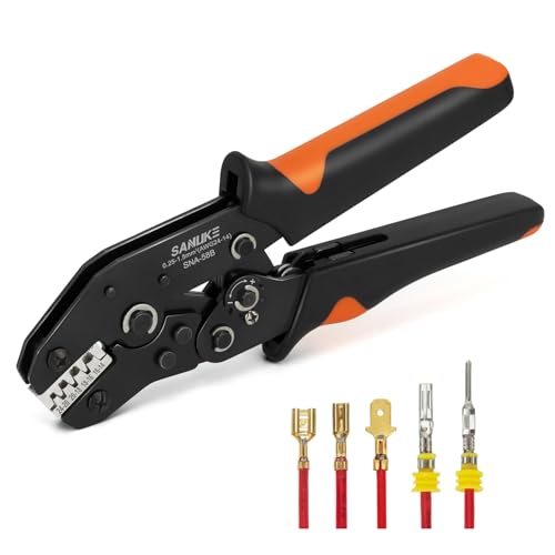 Sanuke Wire Crimping Tool, Ratcheting Wire Crimper for Open Barrel Terminal Connectors, Electrical Crimping Tool for DuPont AMP Deutsch DELPHI JST TYCO Connectors, 24-14 AWG
