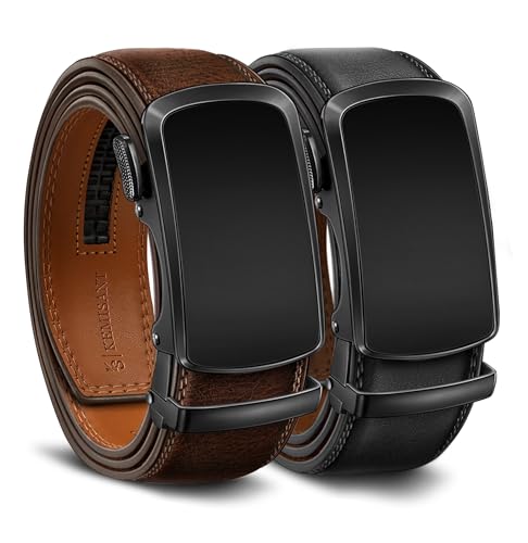 KEMISANT Gürtel Herren 2er, Ledergürtel Gürtel Ratsche Automatikschließe für Herren Verstellbar 35mm Breit mit Geschenkbox(Schwarz/Tiefbraun,140cm/42-48' taille verstellbar)