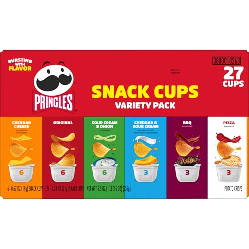 Pringles Snack Stacks Potato Crisps Chips, Flavored Variety Pack, Original, Sour Cream and Onion, Cheddar Cheese, BBQ, Pizza, Cheddar and Sour Cream, 19.5 oz (27 Cups)