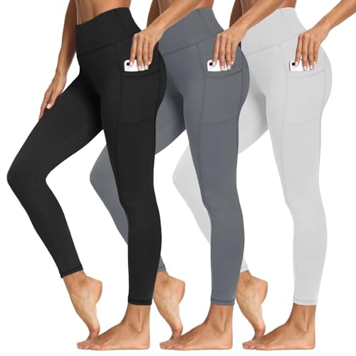 3 Packs Leggings with Pockets for Women, Soft High Waisted Tummy Control Workout Yoga Pants