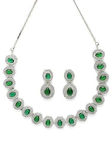 Image of Karatcart Silver Tone Green American Diamond Studded Necklace Set for Women