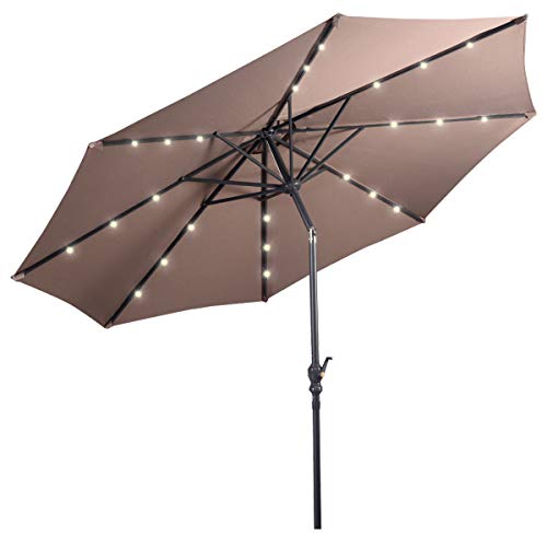 COSTWAY Ombrellone da Giardino da 300 cm, Parasole per Esterno con 24 Luci LED, con 8 Stecche in Metallo, Manovella e Inclinazione Regolabile, per Giardino, Coltile, Piscina (Marrone)