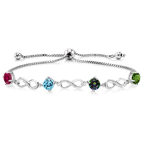 Gem Stone King 925 Sterling Silver Customized and Personalized Engraved Custom 4-Stone Gemstone Birthstone Keren Hanan Adjustable Infinity Tennis Bracelet For Women