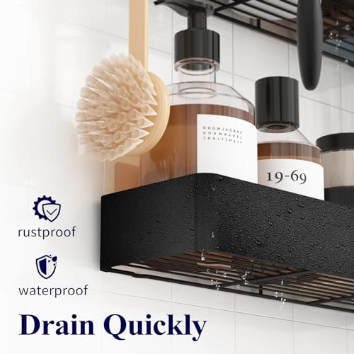 Kitsure 2 Pack Rustproof Shower Caddy - 2 Shelves, Drill-Free & Quick-Dry Shower Organizer, Rustproof Bathroom Shelves with 4 Hooks, X-Large, Black