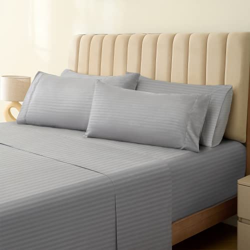 Image of LuxClub 5 PC Split King Size Sheet Set Bed Sheets, Breathable Luxury Sheets, Deep Pockets 18 inch Wrinkle Free Cooling Sheets Machine Washable Hotel Bedding (Split King, Striped Light Grey)