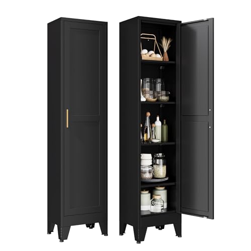 YAUWOH White Narrow Metal Storage Cabinet, Tall Freestanding Cabinet with 4 Adjustable Shelves & Barn Doors, Pantry Organizer for Bathroom Kitchen Home Office Dining Room（1PC,Black）