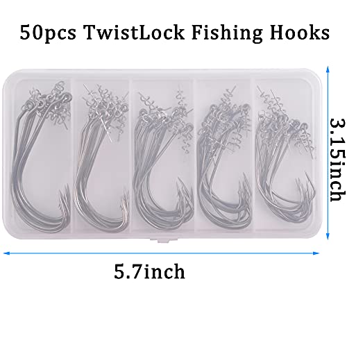 Bass Hooks Worm Hooks, 50Pcs Twistlock Fishing Hooks Swimbait Hooks With Centering Spring Pin Weedless Hooks Fishing Hooks For Soft Fishing Lures Bait Size 1/0-5/0 #TOP6