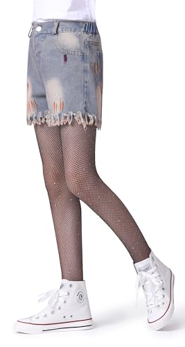 Henwarry Girls Sparkle Fishnet Stockings Children's High Waist Tights Rhinestone Hollow Out Party Pantyhose4