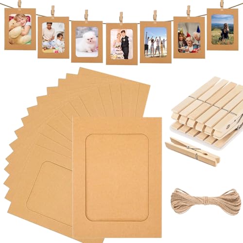 skantany Paper Frames 4x6'', Cowhide Color Paper Photo Banner with Clip, Paper Hanging Picture Frames with String,10 Pack Paper Photo Frames for Graduation,Birthday,Famliy Wall Photo Display