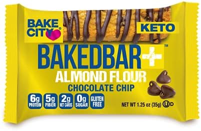 Bake City BakedBar+ Almond Flour 1.25oz Chocolate Chip (12 pack), Gluten Free, Keto-friendly, 0g Sugar, 2g Net Carbs, High Protein