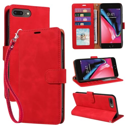 JHWVVTF 2025 Wallet Case for iPhone 6/6S/7/8 Plus, RFID Blocking 4 Card Slots Holder, Wrist Strap, Leather Shockproof Protective, Stand Folio Flip Cases Cover (Red)