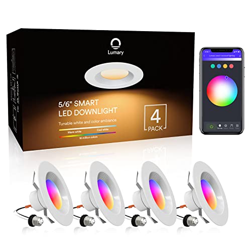 Lumary 5/6 inch LED Smart Recessed Lighting Wi-Fi Can Lights RGBWW Downlight Music Sync Simple Retrofit Installation 13W (80W Equivalent) 1100LM (5/6 in WiFi- 4)