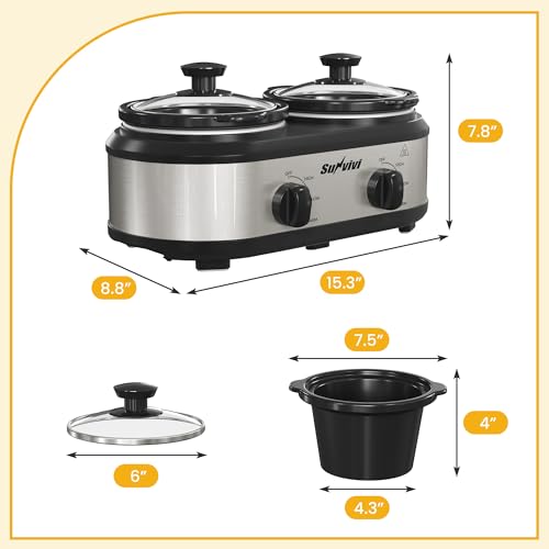 SUNVIVIPRO Double Slow Cooker, Buffet Server and Warmer 2 x 1.25 Qt, Mini Removable Ceramic Pot with 3 Individual Adjustable Temp & Tempered Glass Lid for Parties, Gatherings & Holidays, Silver by SUNVIVIPRO - Used condition - Image 5