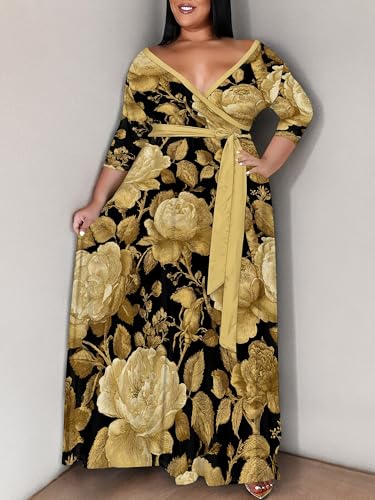 Image of SUZONANA Women's Plus Size Maxi Dresses Casual Loose Short Sleeve Long Maxi Dress with Belt Wedding