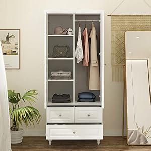 ECACAD Wardrobe Closet Armoire with 2 Doors, 3 Drawers, 4-Tier Storage Shelves & Hanging Rod, Wooden Clothes Storage Cabinet for Bedroom, White (31.5”W x 19.7”D x 70.9”H) ECACAD Wardrobe Closet Armoire with 2 Doors 3 Drawers 4 Tier Storage Shelves Hanging Rod Wooden Clothes Storage Cabinet for Bedroom White 315W x 197D x 709H